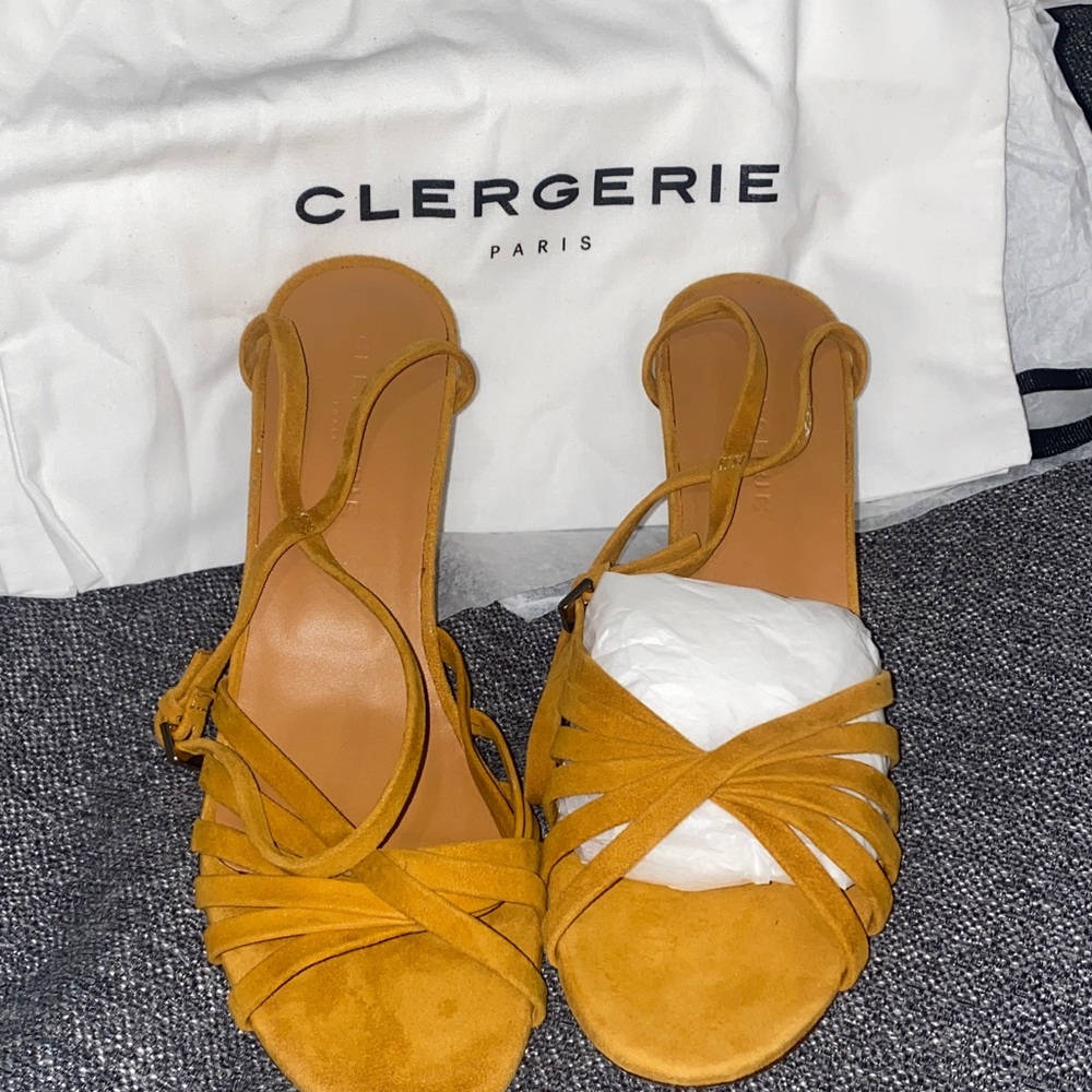 Clergerie Paris Suede Block Heel Sandals Mustard‎ Yellow Women's Size 40